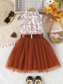 年轻女孩花卉印花荷叶边领无袖撞色网眼连衣裙 + 腰带 - 棕色 - 查看 2