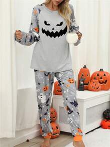 Women's Halloween Pajamas Set Ghost Pumpkin Print Long Sleeve Round Neck Tops With Elastic Waist Long Pants Loungewear - Grey - View 5