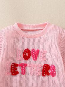 Baby Girls Love Letters Embroidery Pink Bodysuit, Cute Essential For 0-2 Years Old Baby For Valentine's Day