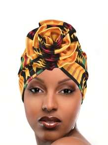1 件非洲风格别致花卉印花头巾，波西米亚几何印花头巾，穆斯林头巾，皱纹弹力大花头带 - 彩色 - 查看 1