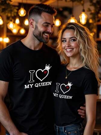 1 件休闲情人节情侣线条涂鸦心形和字母印花短袖 T 恤，合身款式，男女通用设计，适合作为送给男朋友的礼物