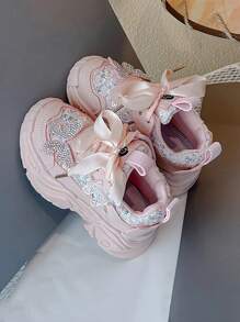 新款春季女童运动鞋，可爱蝴蝶结水钻童鞋，儿童跑鞋，幼儿女童厚底厚底运动鞋，学生休闲运动鞋 - 粉色 - 查看 6