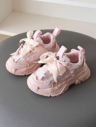 New Spring Girls' Sports Shoes, Adorable Bowknot Rhinestone Kids Shoes, Children Running Shoes, Toddler Girls Thick Sole Chunky Sneakers, Student Casual Sneakers
