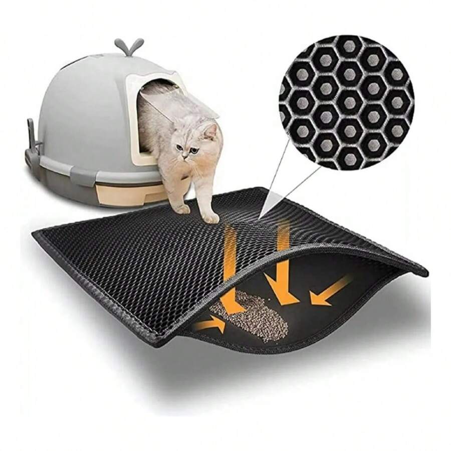 Double-Layer Cat Litter Box Mat With Black Honeycomb Design, Slip-Resistant And Washable, Suitable For Cat Litter Box - Black - View 1