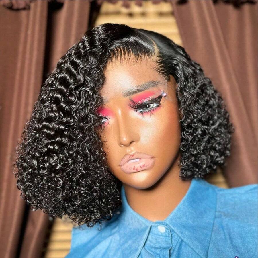 8-14 Inch 200% Short Curly Bob Wig Human Hair For Women 1B Color Bob Wig Lace Frontal Bob Wig Pre Plucked Natural Hairline 13x4 Lace Front Bob Wig Transparent Lace Brazilian Remy Human Hair Wigs - Natural Black - 查看 1