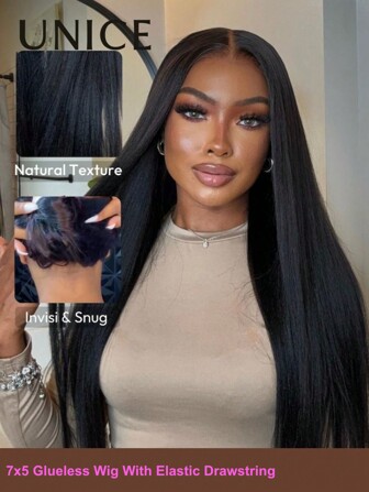  Hair Yaki Straight Wear Go Glueless Wig Pre Bleached 7x5 Lace Closure Wig Bye-Bye Knots Wig Pre Plucked Pre Cut Lace Front Wig With Elastic Drawstring 360 Cozy Hug Unice Wigs For Women
