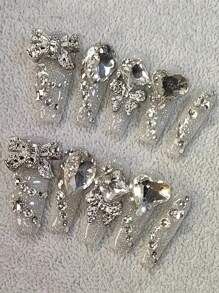 1Package/10Pcs Pure Handmade Wearable Press On Nails Heavy Full Fake Rhinestone Sparkle Elegant Style Nail Art Removable Reusable, With 1Pc Jelly Glue&1Pc File Nail Supplies Nails