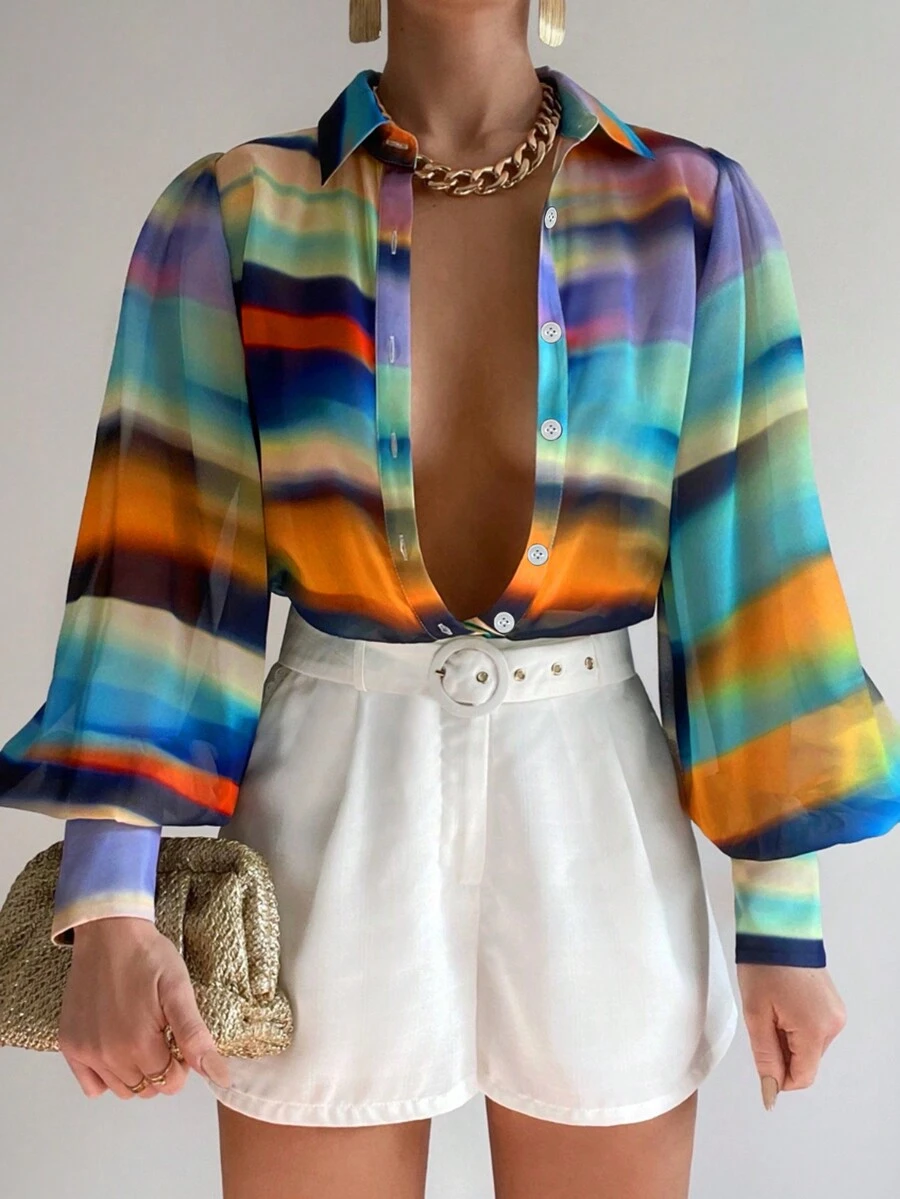 女式前扣长袖条纹简约休闲衬衫，日常穿着 - 彩色 - 查看 1