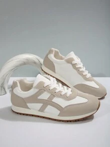 复古德式平底鞋，皮革拼布休闲运动鞋，圆头系带学生户外运动鞋，时尚百搭鞋，跑步鞋 - 灰色 - 查看 1