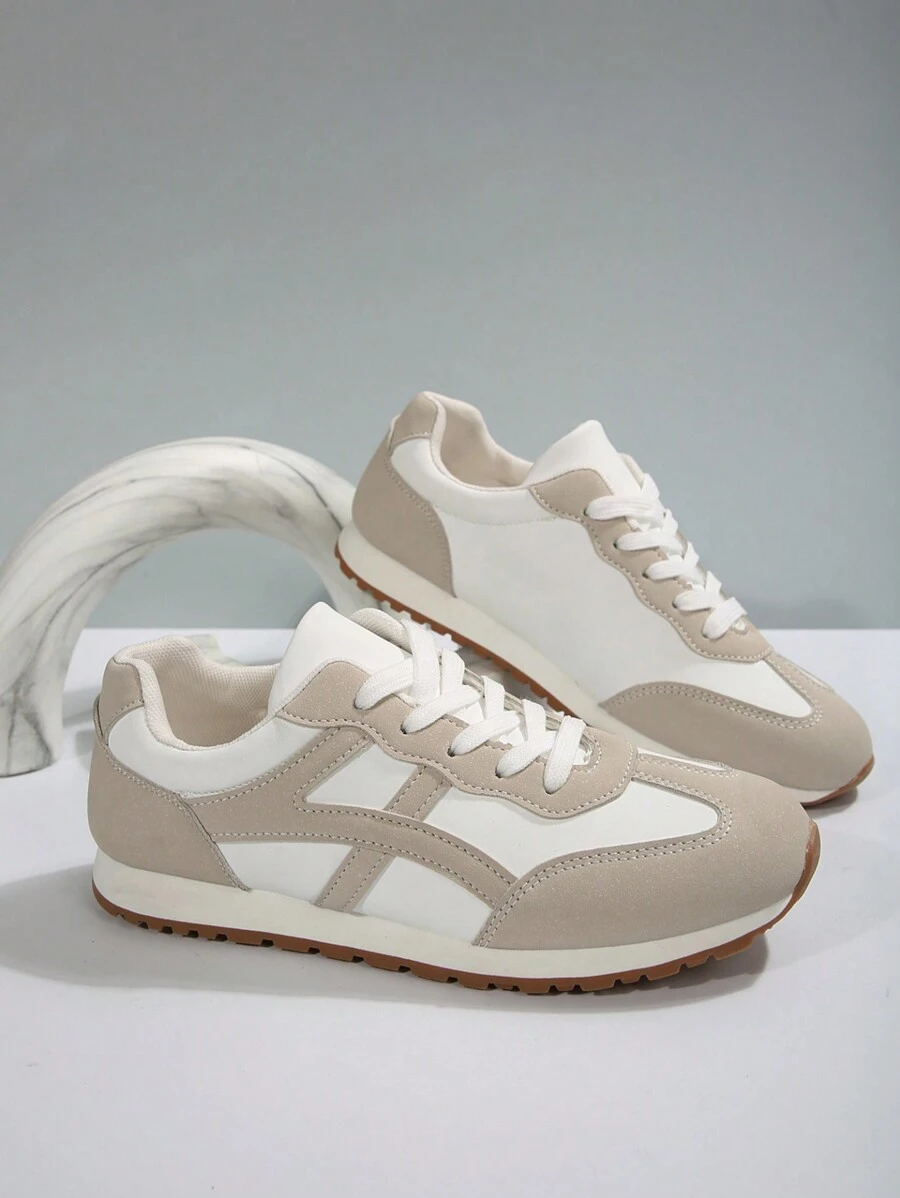 复古德式平底鞋，皮革拼布休闲运动鞋，圆头系带学生户外运动鞋，时尚百搭鞋，跑步鞋 - 灰色 - 查看 1