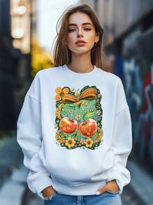 Women'sStreet Retro Style Bow Cherry Letters Print Sweatshirt Pullover Fall Loose Fashion Long Sleeve Crew Neck Sweatshirt Casual Comfy Clothes - White - View 1