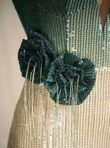 AOSHABABI TOPS Elegant Luxurious Sequin Gradient Floral Sleeveless High Slit Mermaid Evening Gown Dress (Heavy Work), The Skirt Gradient Changes From Green To Green, Like A Natural Painted Scroll, Showcasing The Green Transformation From Early Spring To Midsummer. Suitable For All Formal Occasions, Large Evening Galas, Wedding Guests, Holiday Parties, Prom, Cocktail Parties, Dates, Holidays, And Bridesmaid Dress, Party Dress