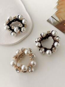 3pcs Minimalist Korean Style Elegant Faux Pearl & Rhinestone Hair Scrunchies, Beauty, Home, Hair Accessories - Multicolor - View 3