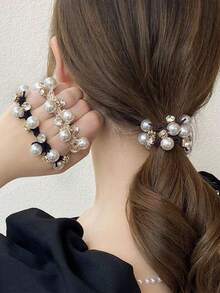3pcs Minimalist Korean Style Elegant Faux Pearl & Rhinestone Hair Scrunchies, Beauty, Home, Hair Accessories - Multicolor - View 4