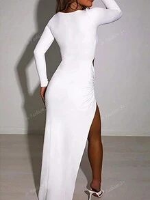 1 Peça Vestido Longo de Manga Longa com Decote Quadrado Sexy, Vazado, Fenda Alta, Estilo Europeu e Americano, Vestido de Festa Leve, Roupa Feminina Popular Cross-Border
