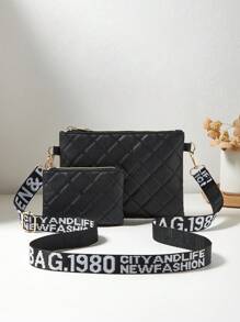 Set de 2 bolsos: Bolso bandolera acolchado con diseño de rombos y bolso de hombro con diseño de mariposa, con bolsillo para teléfono y monedero - Negro - Ver 5