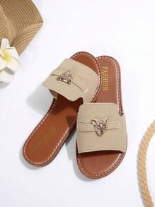 Women's Open Toe Flat Sandals With Metal Leopard Decoration, Strap Slip-On, Khaki Color, Elegant Casual Versatile Summer New Design Ladies Flats,Beach Outfits - Khaki - View 7