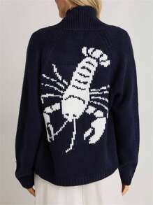 Women's Lobster Knit Sweater Cardigan Long Sleeve Shawl Collar Open Front Vintage Lightweight Knitwear Tops - Navy Blue - View 1