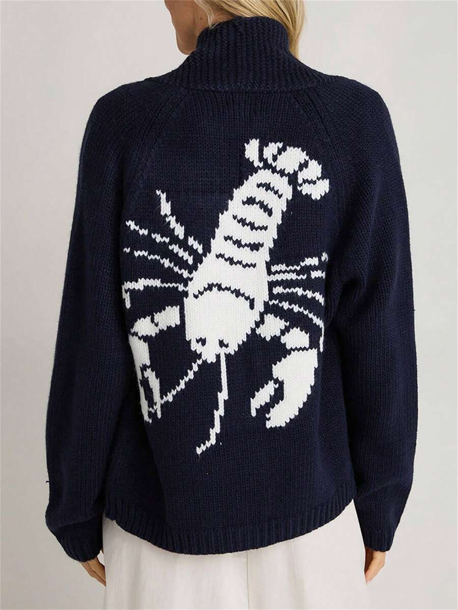 Women's Lobster Knit Sweater Cardigan Long Sleeve Shawl Collar Open Front Vintage Lightweight Knitwear Tops - Navy Blue - View 1