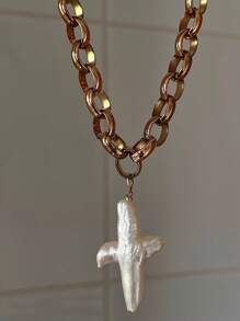 1Pc Pearl Cross Shell DIY Necklace Retro Baroque Style Necklace, Jewelry Gift To Friends - White - View 14