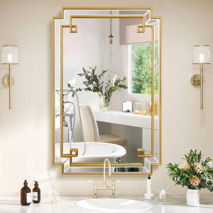 Gold Bathroom Mirror For Wall, 24"X36" Rectangle Vanity Mirror, Modern Wall Decor Mirror For Entryway, Living Room, Bedroom (Horizontal/Vertical) Gifts - 24"x36" - View 1