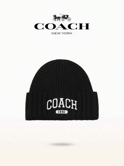 Coach 1941 刺绣针织帽 女士简约针织帽 女士冬季保暖针织圣诞礼物 黑色/白色