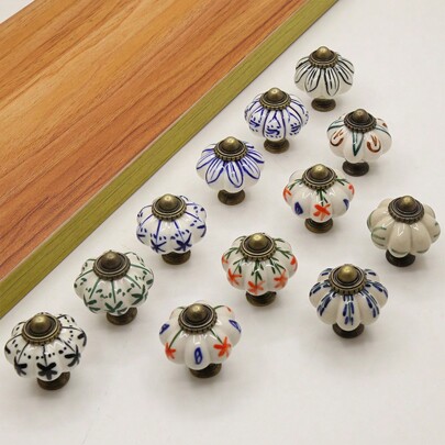 6pcs Vintage Ceramic Knob, Blue & White Pumpkin Shaped Cabinet Knob/Drawer Pull Handle, Furniture Hardware Suitable For Cabinet, Drawer, Wardrobe