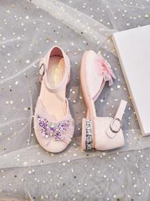 Girls' High Heel Dance Party Shoes, New Spring/Summer Styles, Bow Accent Princess Shoes, Crystal Comfortable Slip-On Flats In Pink & Beige - Pink - View 5