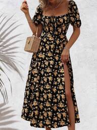 Vestido estampado floral feminino com decote quadrado Vestidos franceses com bainha dividida Elegante e sexy