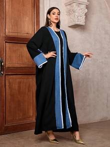 时尚拼布开叉袖和服长袍超大穆斯林流苏长袍女士伊斯兰服装长外套外长袍