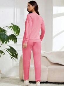 两件套春季新款纯色女士休闲圆领长袖衬衫（带口袋）和休闲裤（带口袋）户外卫衣套装 - 粉色 - 查看 3