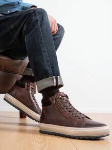 SHOESMALL Men's Leather Casual Shoes High Top Fashion Darkbrown Sneakers For Men - AMY5140-深棕色 - 查看 4