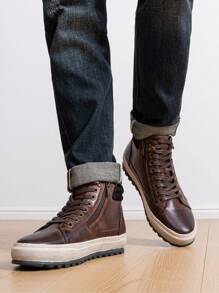 SHOESMALL Men's Leather Casual Shoes High Top Fashion Darkbrown Sneakers For Men - AMY5140-深棕色 - 查看 2