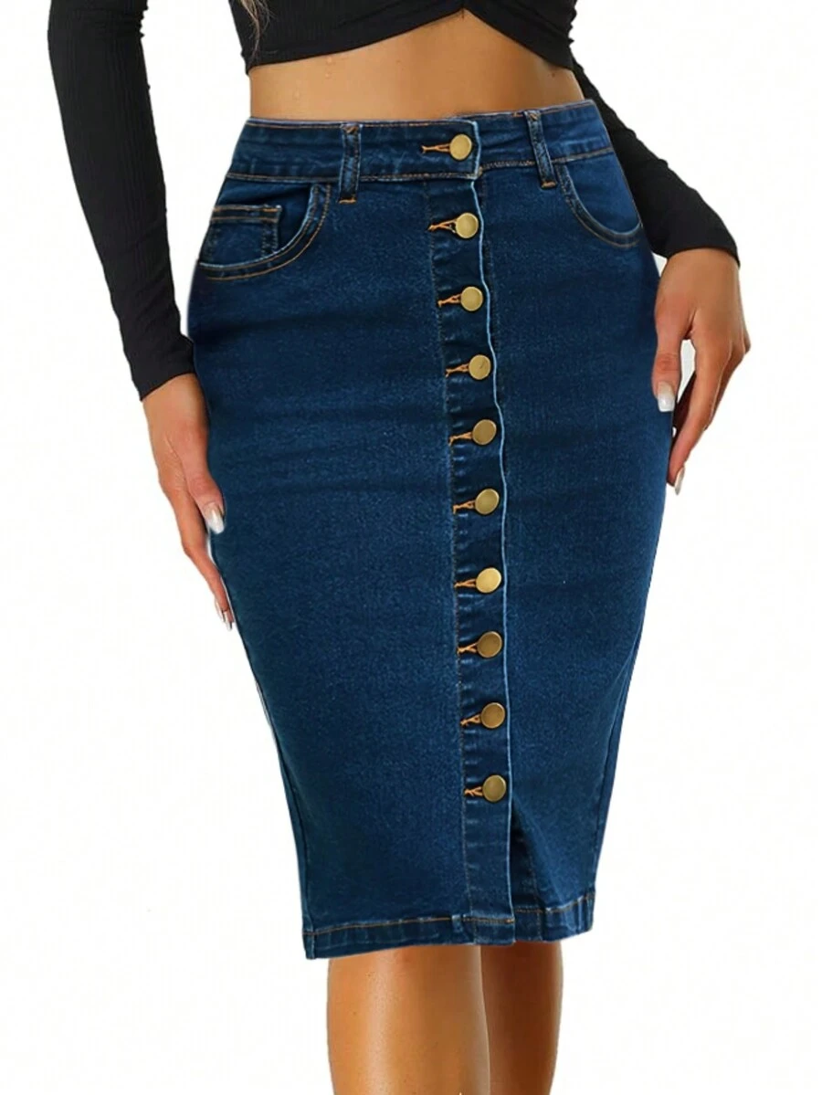 Women's Buttoned Stretch Pocket Pencil Casual Denim Skirt - Blue - View 1