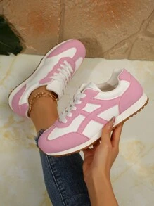 Vintage Stil Plateau Sneaker mit Leder Patchwork, runde Zehe Schnürschuhe für Lässig, Studenten und Outdoor Sport, modische vielseitige Gump Schuhe, Laufschuhe - Pink - Übersicht 4
