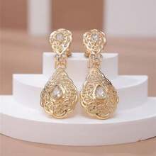 Classic Moroccan Style Golden Drop Hollow Floral Carved Arabic Wedding Jewelry Earrings, For Party Everyday Wear