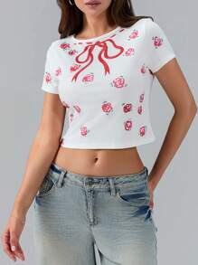 Women's Summer Fitted Crop Tops Short Sleeve Crewneck Solid Color/Pattern Print Cropped T-Shirt - 紅色 - 查看 4