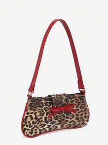 1pc Retro Bowknot Decor Exposed Shoulder Under Arm Crossbody Hobo Bag, Leopard Print, Suitable For Dating, Going Out, Party - Multicolor - View 2