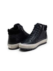 SHOESMALL Men's Leather Casual Black Shoes High Top Fashion Sneakers For Men - AMY5140-黑色 - 查看 6