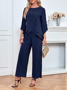 Women's Chiffon 2 Piece Mother Of The Bride Pants Suit Asymmetrical Hem Top And Pants For Wedding Party - Navy Blue - View 2