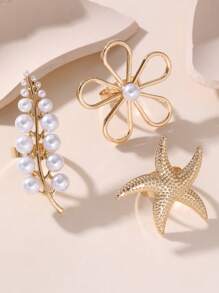 1/3 piezas Anillos de lujo con diseño de flor, trigo y estrella de mar de metal de moda para mujeres - regalo para San Valentín, madre, Día de la Madre - Dorado - Ver 16