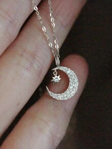 BALMORA 1件S925纯银优雅可爱星月吊坠项链，女士时尚锁骨链，适合派对、日常佩戴、礼品 - 銀色 - 查看 3