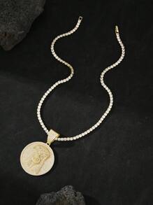 1 件镀白金微镶冰晶嘻哈流行全水钻 5A CZ 圆盘基督耶稣吊坠高品质情侣礼物男士配饰带 4 毫米 20 英寸网球链项链节日派对礼物