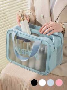 3/1pcs Portable PVC Dry & Wet Separation Bathroom Toiletry Bag, Transparent Double Layer Travel Makeup Organizer Pouch, Waterproof Handheld Washing Bag, Large Capacity Matte Cosmetics Storage Bag, Essential For Cruise, Beach, And Vacation