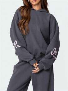 Women's Y2k Bow 2 Piece Outfits Cute Bow Graphic Print Long Sleeve Hoodie Pullover Tops And Wide Leg Pants Sets Fall Spring Oversized Hooded Sweatshirt Tracksuit Sweatsuit Matching Outfit Streetwear - 深灰色 - 查看 6