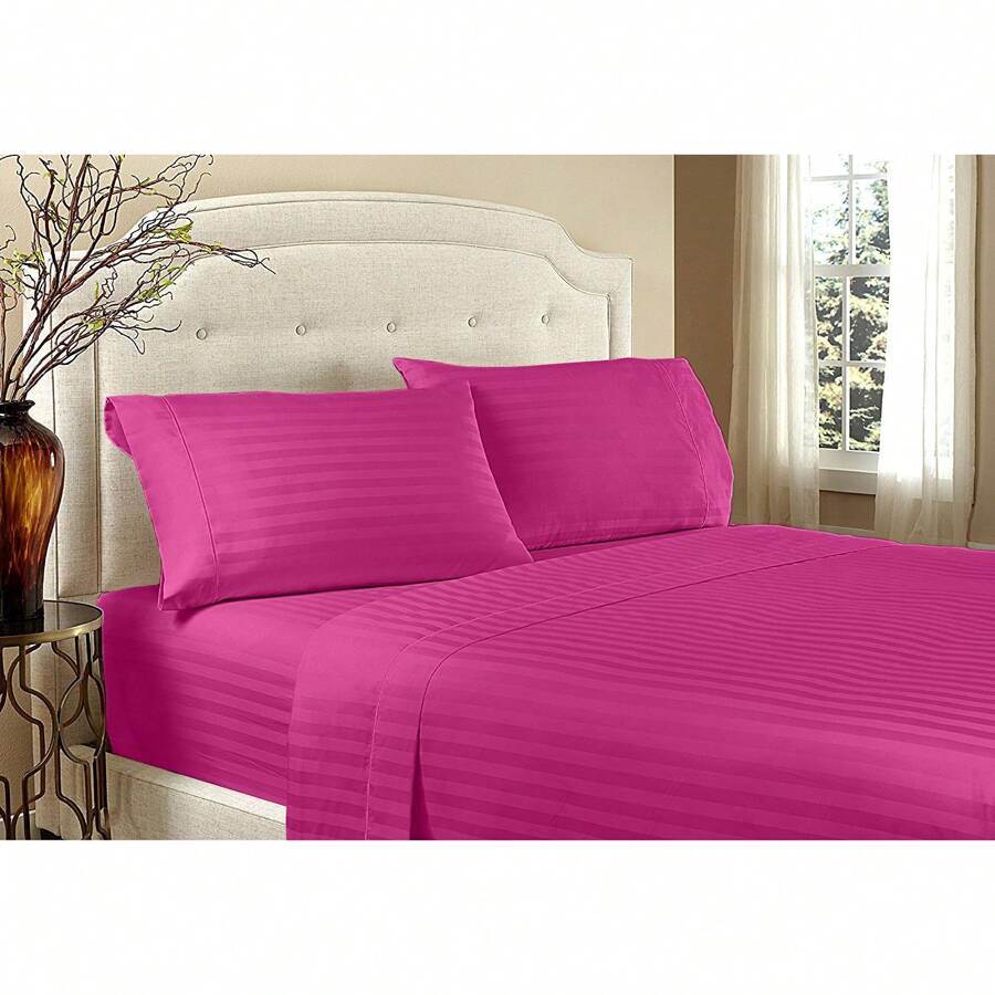 Hotel Collection 1800 Super Soft & Wrinkle Free Luxurious Stripe 6-Piece Sheet Set With Extra Pillowcases - 玫紅色 - 查看 1