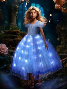 UPORPOR UPORPOR Girls Princess Light Up Dress Up Costume, Blue Glittering Dress For Birthday Party (Battery Not Included)