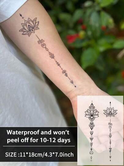1 件莲花花图腾临时纹身防水防汗持续 1-2 周逼真草本汁抗摩擦不反光仿黑色假纹身男女纹身贴纸适用于手臂、胸部、腿部、腹部、腰部现代人体艺术