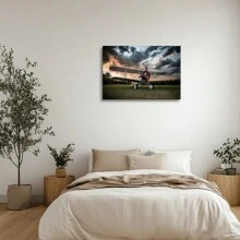 1pc Framed Wrapped Canvas Wall Art Vintage Print Small Airplane On Lush Green Field Canvas Classic Oil Painting Art Home Decor For Living Room, Bedroom, Office