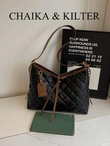 1pc CHAIKA & KILTER Solid Color PU Fabric Shoulder Bag, Women Vintage Fashion Casual Tote Bag, Large Capacity Crossbody Bag Adjustable Strap Design Zipper Closure, Suitable For Travel, Shopping, Dating, Women's Gifts, Fit For Teenage Girls, College Students, Beginners, White Collar, Great For Office, College, Work, Business, Commuting, Outdoor, Travel, Picnic - Black - View 3